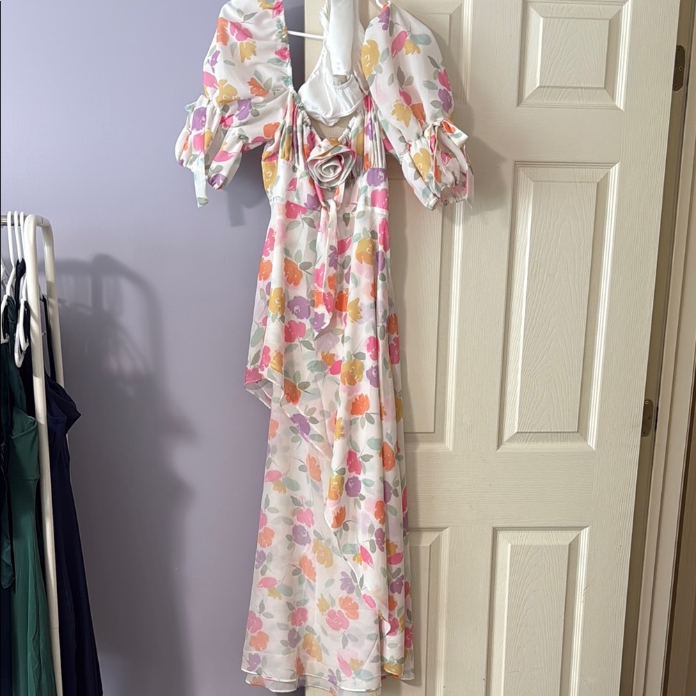 For Love And Lemons Pink and Orange Puff Sleeve Sundress